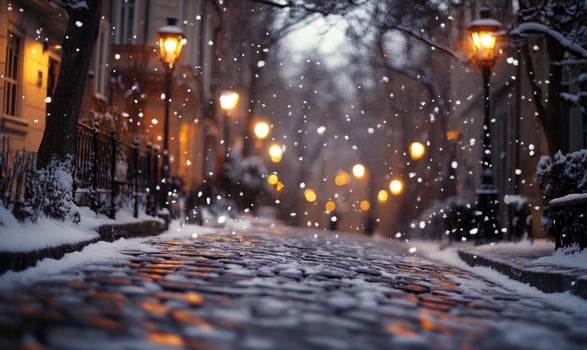 A snowy street with a few lights on photo