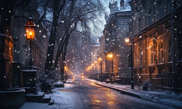 A snowy street with street lamps and a bench photo