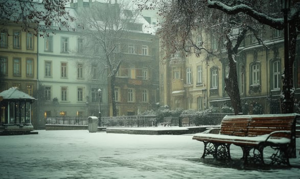 A snowy city street with a bench and a gazebo photo