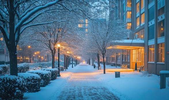 A snowy city street with a sidewalk and a bench photo