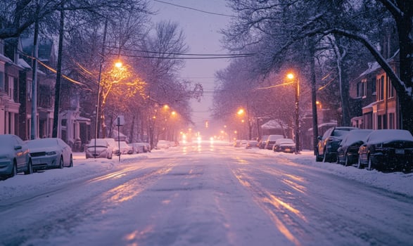 A snowy street with a few cars parked along the side photo