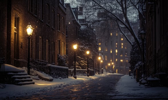 A snowy city street at night with street lights illuminating the area photo
