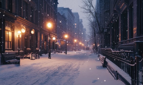 A snowy city street with a bench and street lights photo