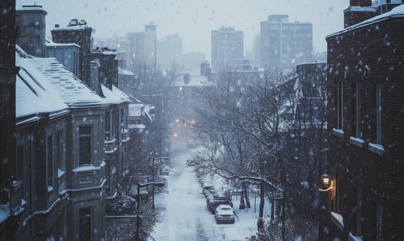A snowy city street with a few cars parked along the side photo