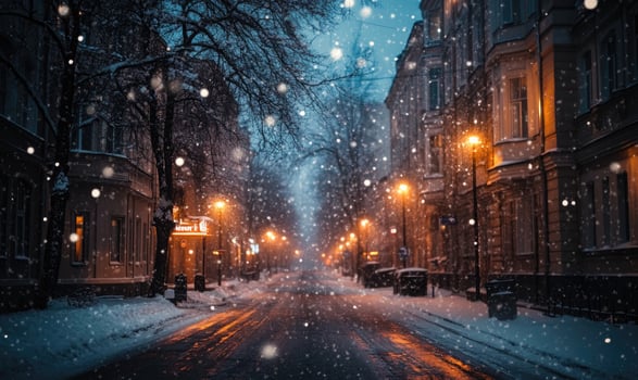 A snowy street with a few lights on photo