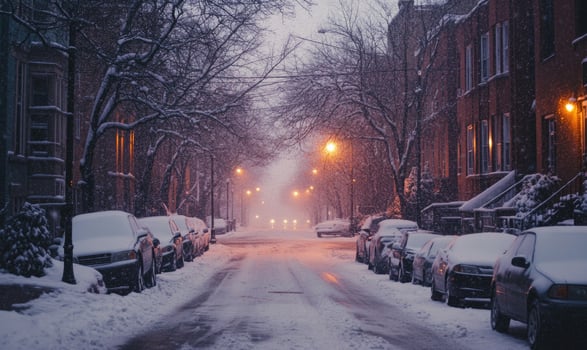 A snowy street with cars parked on both sides photo