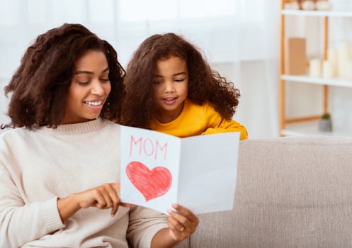 Little Daughter Congratulating Mom On Mother's Day Giving Her Greeting Card Sitting Together On Sofa At Home. Free Space photo