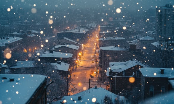 A snowy city street with lights on and snow falling photo