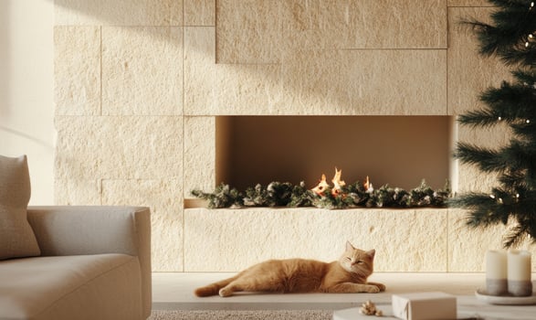 A cat is laying on the floor in front of a fireplace photo