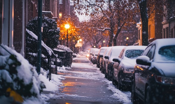 A snowy street with cars parked on both sides photo