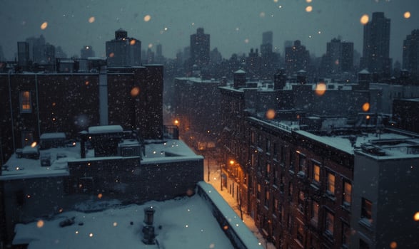 A snowy cityscape with a street lit up at night photo