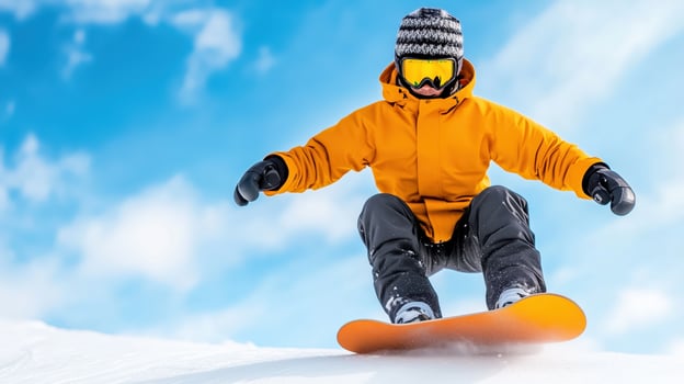 A snowboarder in a bright orange jacket gliding down a snowy slope under a clear blue sky, showcasing winter sports excitement. photo
