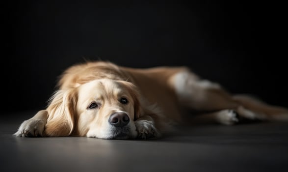 A golden retriever lays on the floor in a dark room photo
