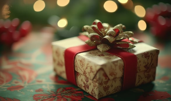 A white box with a red ribbon and a gold bow on top of it photo