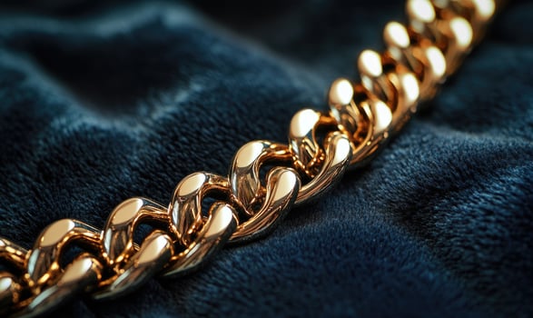 A gold chain with a silver clasp is on a blue cloth photo