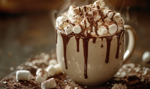 A mug of hot chocolate with marshmallows and chocolate drizzle photo