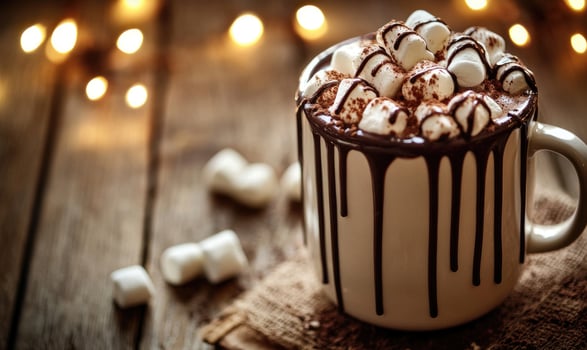 A mug of hot chocolate with marshmallows and chocolate drizzle on top photo