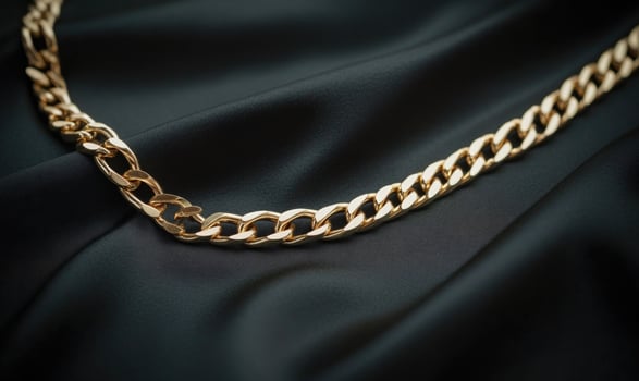A gold chain necklace is on a black cloth photo