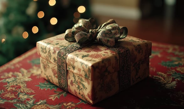 A box with a bow on top of a red carpet photo