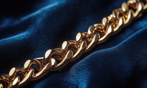 A gold chain with a silver clasp is displayed on a blue velvet background photo