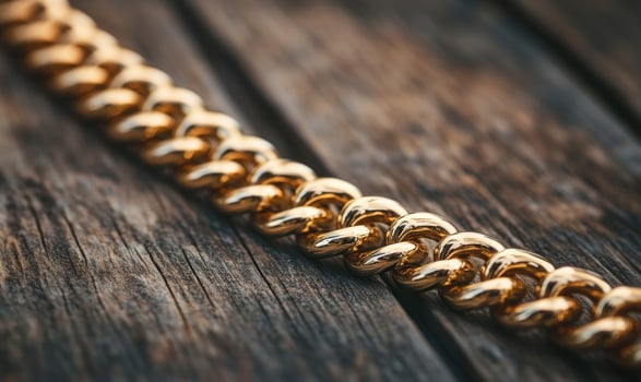 A gold chain necklace is laying on a wooden table photo