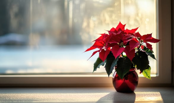 A red poinsettia plant is sitting in a red vase on a windowsill photo