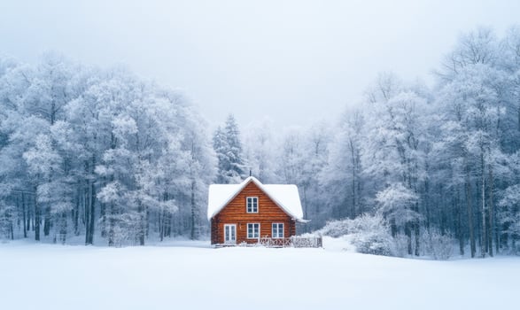 A small cabin in the woods is covered in snow photo