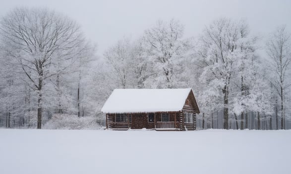 A small cabin is covered in snow and sits in a field photo