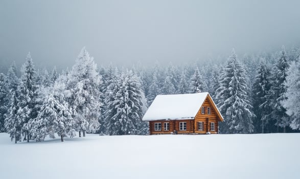 A small cabin is surrounded by trees and snow photo