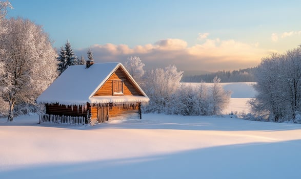 A small cabin in the snow with a chimney photo