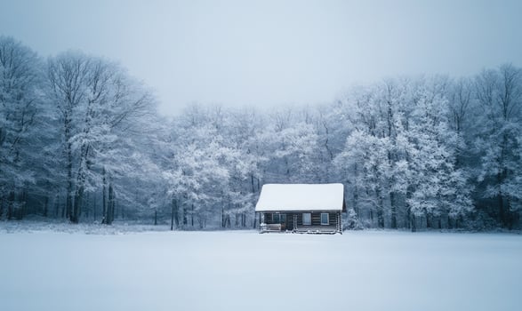 A cabin is in the snow with trees in the background photo