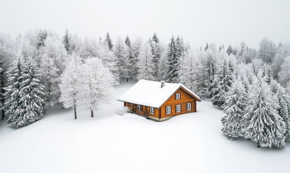 A small cabin is surrounded by trees covered in snow photo