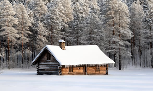 A small cabin in the woods is covered in snow photo