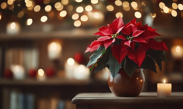A red poinsettia plant sits on a table next to a candle photo