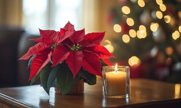 A red poinsettia plant sits on a table next to a candle photo