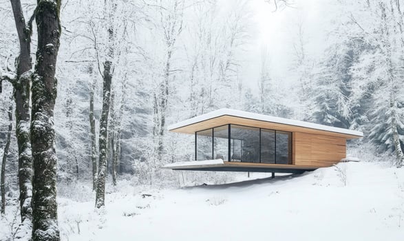 A small cabin is sitting on a snow covered hill photo