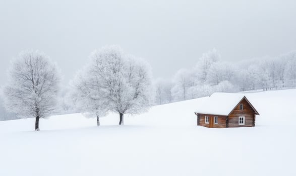 A small cabin is in the snow next to a field of trees photo
