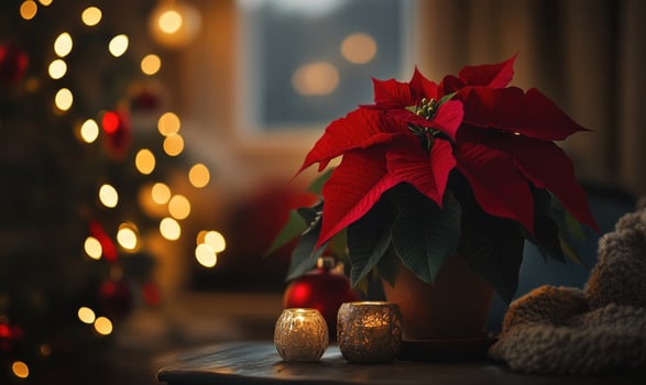A red poinsettia plant sits on a table next to a Christmas tree photo