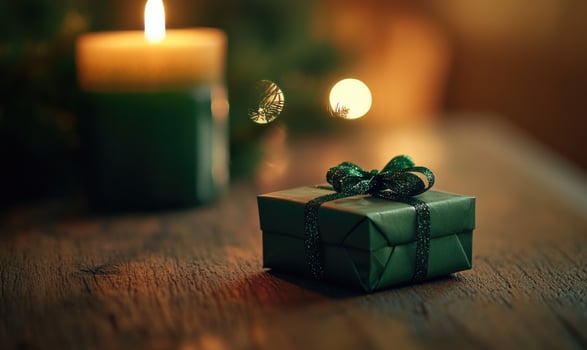 A green box with a green ribbon sits on a wooden table next to a candle photo