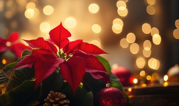 A red poinsettia plant sits on a table in a living room photo