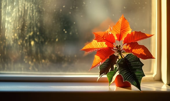 A small plant with orange leaves sits on a windowsill photo