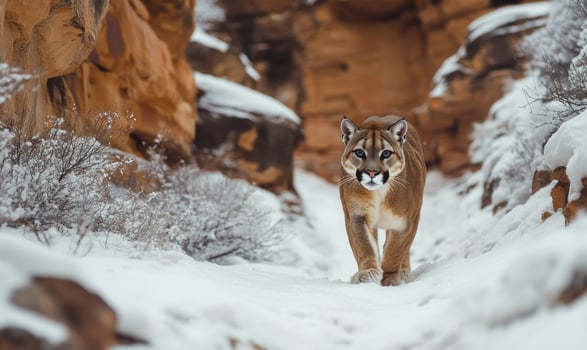 A brown and white cat is walking through the snow photo