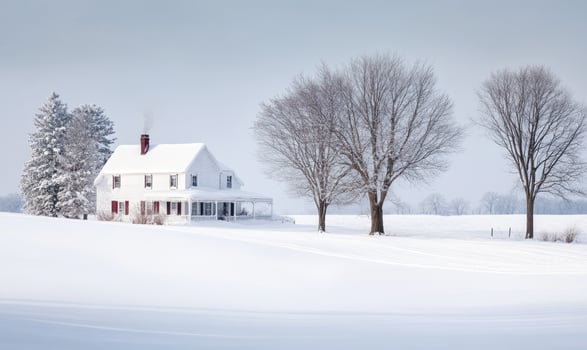 A white house with a chimney sits in a snowy field photo