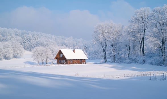 A small cabin is surrounded by snow and trees photo