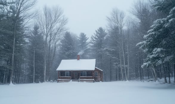 A cabin in the woods is covered in snow photo
