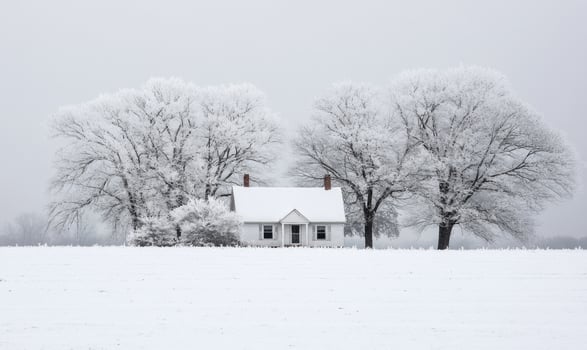 A small house is surrounded by trees covered in snow photo