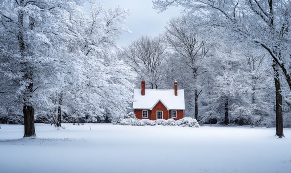 A small red house sits in a snowy field photo