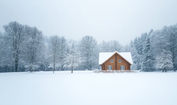 A small cabin is surrounded by snow and trees photo