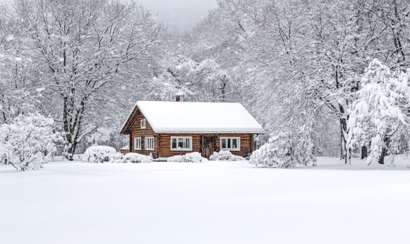 A small cabin in the woods is covered in snow photo