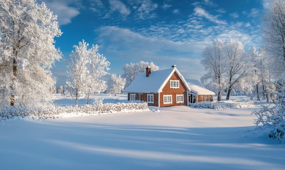 A small house with a chimney sits in a snow-covered field photo